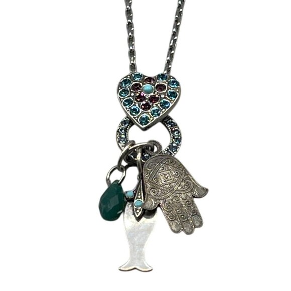 Mariana charm chain necklace handmade crystal green heart hand fish 19 READ NEW - Picture 1 of 7